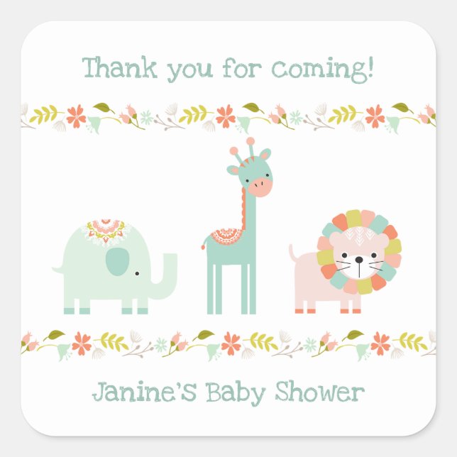 Wild Boho Tiere Babydusche Danke für Ihre Unterstü Quadratischer Aufkleber (Vorderseite)