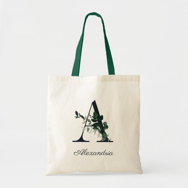 Wild Botanische Grünschrift Letter A Monogram Tragetasche (Vorne)