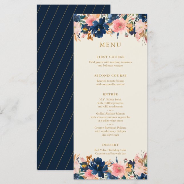 Wild Bouquet Navy & Blush | Hochzeitsmenü (Vorne/Hinten)