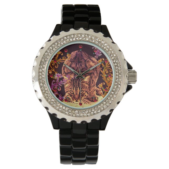 WILD CAT KITTEN Gelbe Rosa Wirbel Armbanduhr (Vorderseite)
