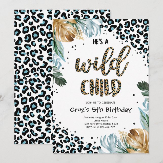 Wild Child Blue Boy Leopard Print Jungle Party Einladung (Vorne/Hinten)
