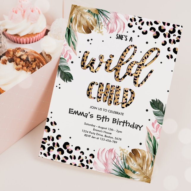 Wild Child Gold Pink Leopard Print Birthday Party Einladung (Von Creator hochgeladen)
