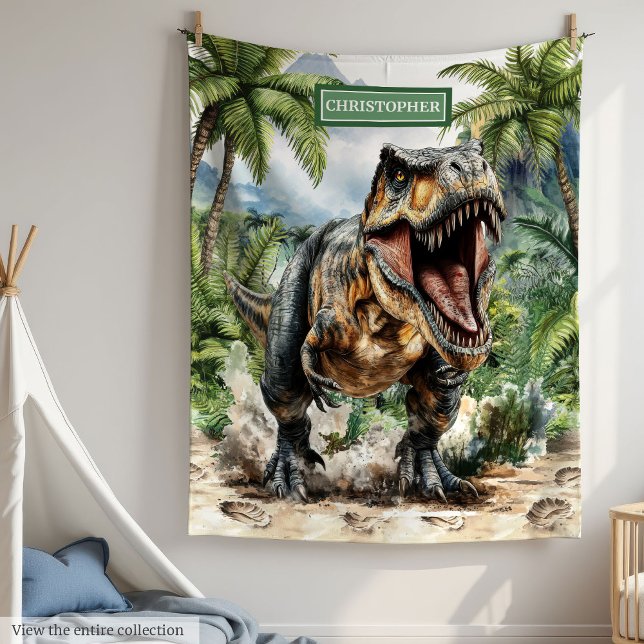 Wild Dinosaur Blanket Custom Boy Name Gift Fleecedecke (Bold T-Rex Dinosaur Blanket Custom Name for Boys)