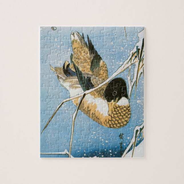 Wild Duck Swimming Snow Laden Reed von Hiroshige (Vertikal)