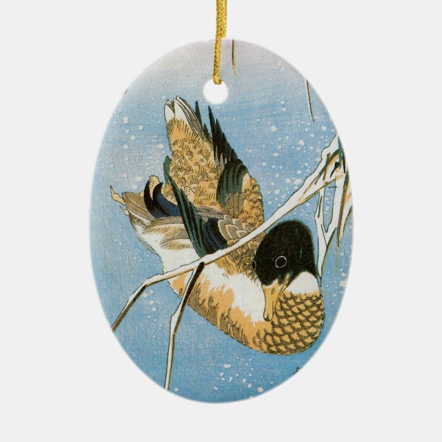 Wild Duck Swimming Snow Laden Reed von Hiroshige Keramikornament (Vorne)