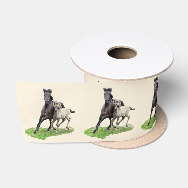 Wild Dulmen Horse Mare mit Niedlichem Foal Gallop  Satinband (Spule)