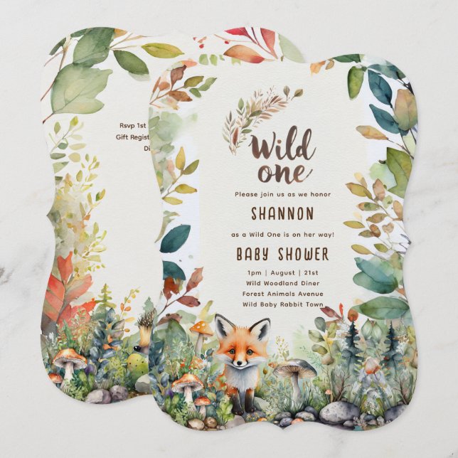Wild ein Baby Woodland Tiere rustikal Einladung (Vorne/Hinten)
