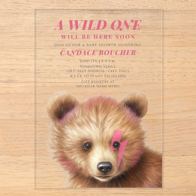 Wild ein Blitz Bolt Cub Pink Babydusche Acryleinladungen (Vorderseite)