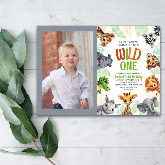 Wild ein Foto Jungle Animal Child's 1. Geburtstag Einladung