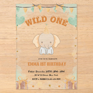 Wild ein Niedlicher Elefant 1. Geburtstag Einladun Acryleinladungen