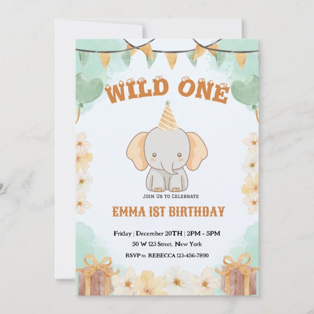 Wild ein Niedlicher Elefant 1. Geburtstag Einladun Einladung (Vorderseite)