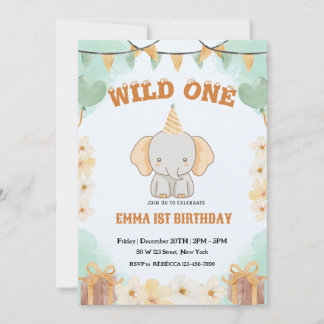 Wild ein Niedlicher Elefant 1. Geburtstag Einladun Einladung