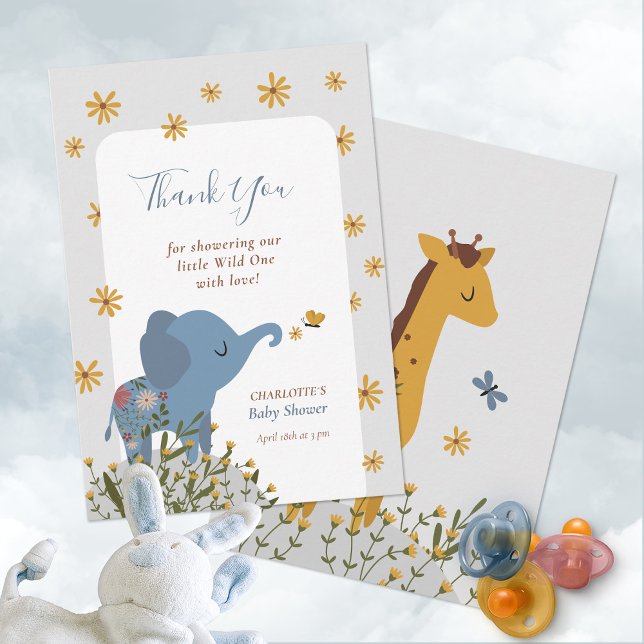 Wild ein Niedliches Baby tieres Blumenbaby Dusche Dankeskarte (Wild One Elephant Little Animal Floral Baby Shower Thank You Card ©Susanne Sachers Sunny Mind Design)