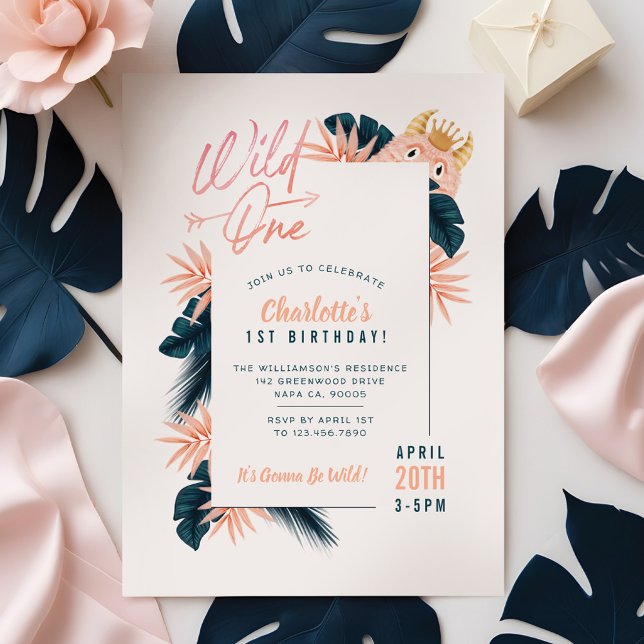 Wild ein tropischer Dschungel Pink Monster Geburts Einladung (Wild One Tropical Jungle Pink Monster Birthday Invitation)