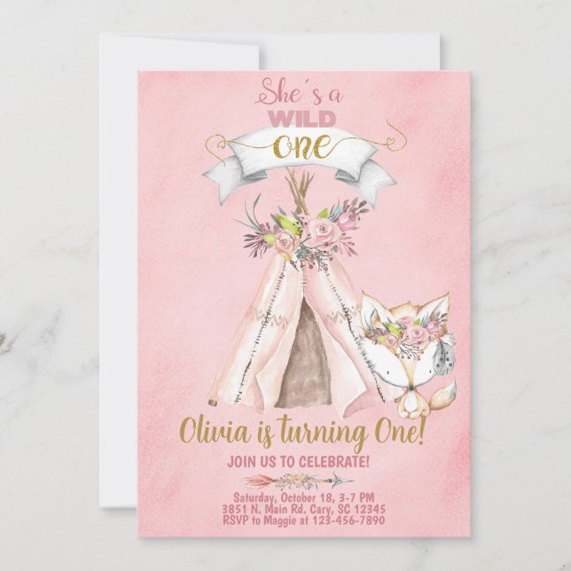 Wild Ein Wald Teepe 1. Geburtstag einladen Einladung (Vorderseite)