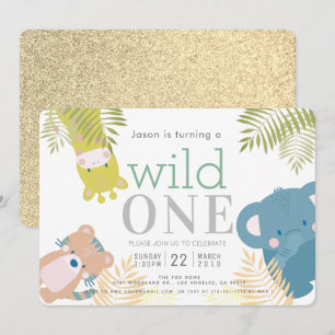 Wild ein Zoo Tiere Elephant Gold 1. Geburtstag Einladung