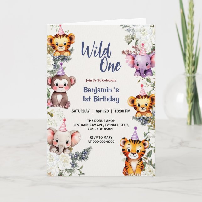 Wild eine Niedliche Blume Tierkind 1. Geburtstag Einladung (Vorderseite)