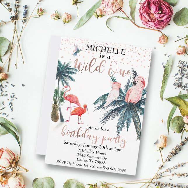 Wild eine Rose Gold Tropical Birds Jungle Einladung (Von Creator hochgeladen)