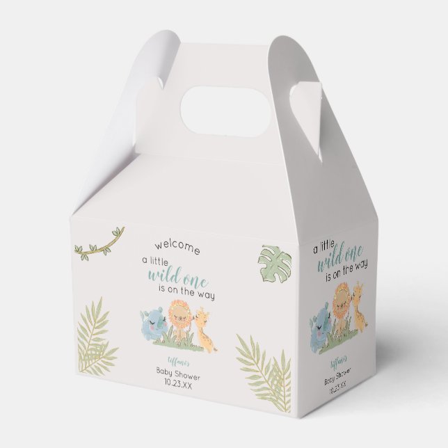 Wild eins auf dem Weg Safari Animals Baby Dusche Geschenkschachtel (Vorderseite)