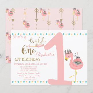 Wild eins, Pfeile, rosa Flamingo Erster Geburtstag Einladung