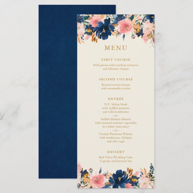 Wild Elegance | Navy Blush & Gold Floral Menu (Vorne/Hinten)