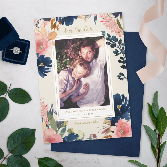 Wild Elegance | Navy Blush & Gold Save the Date Ankündigung (Von Creator hochgeladen)