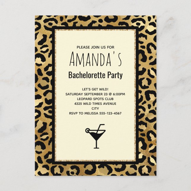 Wild & exotisch Leopard Druckmuster Bachelorette Einladungspostkarte (Vorderseite)