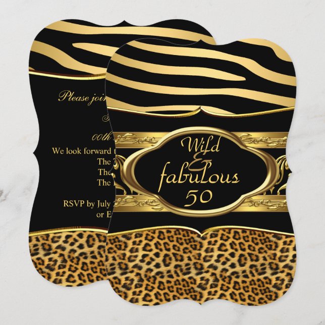 Wild Fabulous Zebra Leopard Black Gold Geburtstag  Einladung (Vorne/Hinten)
