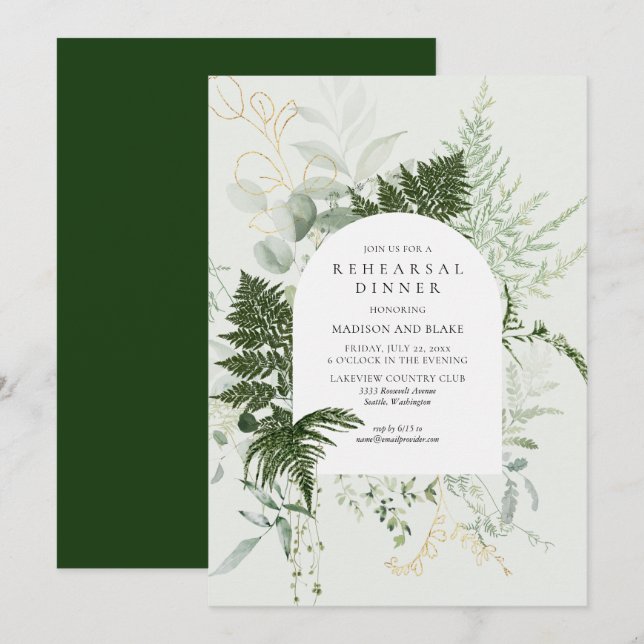 Wild Fern Greenerenwald Hochzeit Probe Dinner Einladung (Vorne/Hinten)