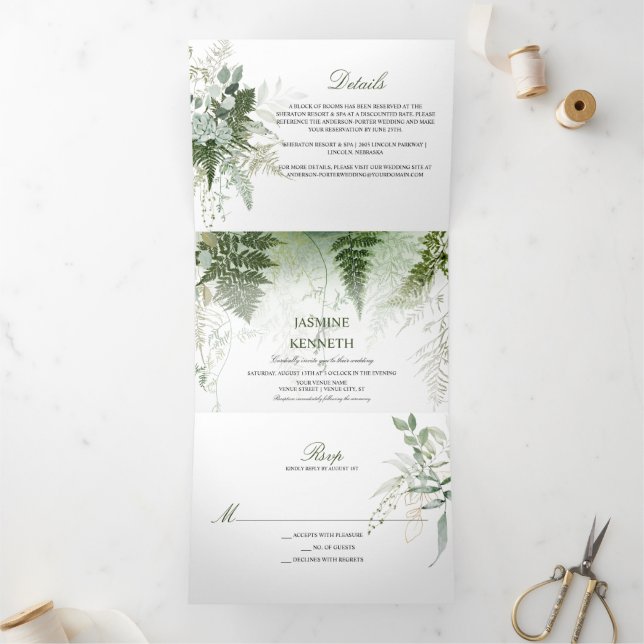 Wild Ferns Succulents Eukalyptus Greenerity Weddin Dreifach Gefaltete Einladung (Innenseite)