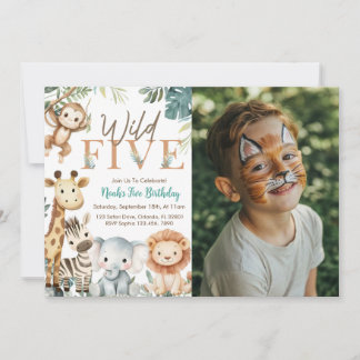 Wild Five Safari Animals Boy Birthday Party Photo Einladung