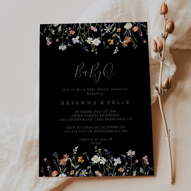 Wild floral Black BabyQ Baby Duschgrill Einladung (Von Creator hochgeladen)