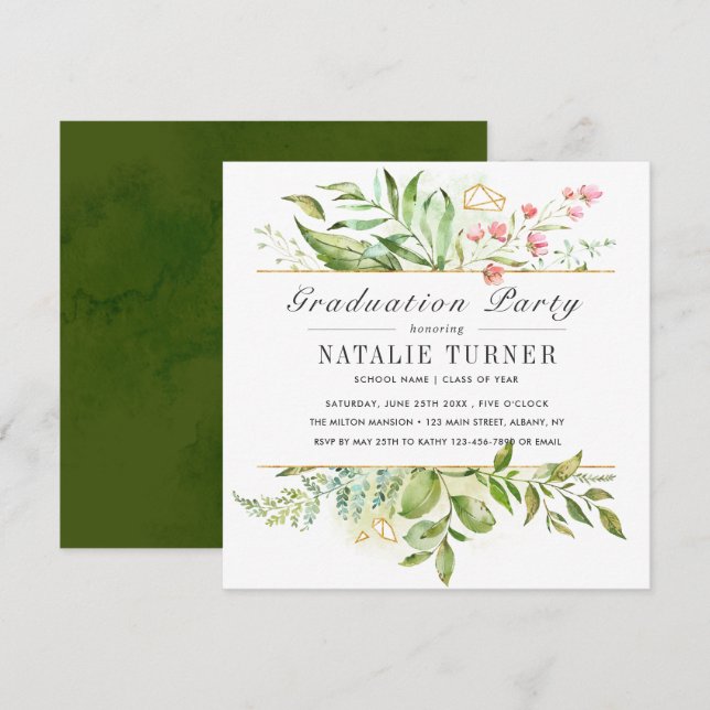 Wild floral Green Foliage Graduation Party Einladung (Vorne/Hinten)