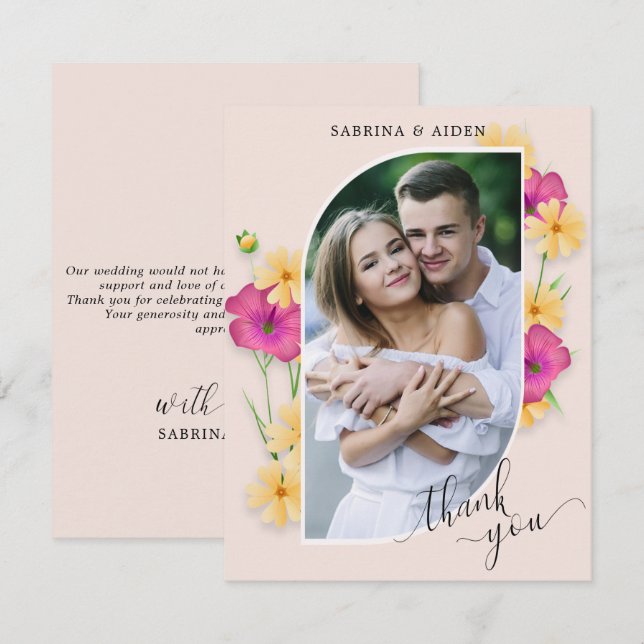 Wild Floral Meadow Wedding Foto Dankeskarte (Vorne/Hinten)