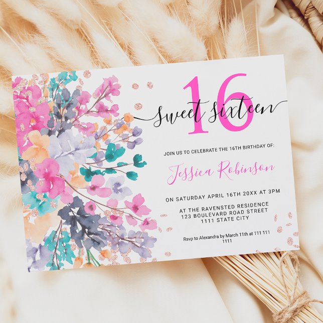 Wild floraler Glitzer Aquarell Sweet 16 Foto Einladung (Von Creator hochgeladen)