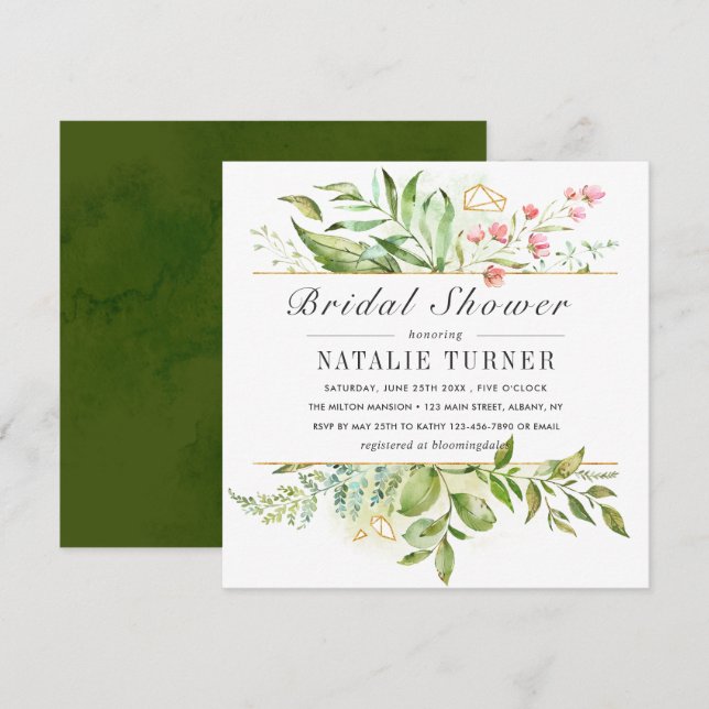 Wild florales Green Foliage Watercolor-Brautparty Einladung (Vorne/Hinten)