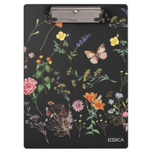 Wild Flowers Pressed Floral Schwarzes Namens-Clipb
