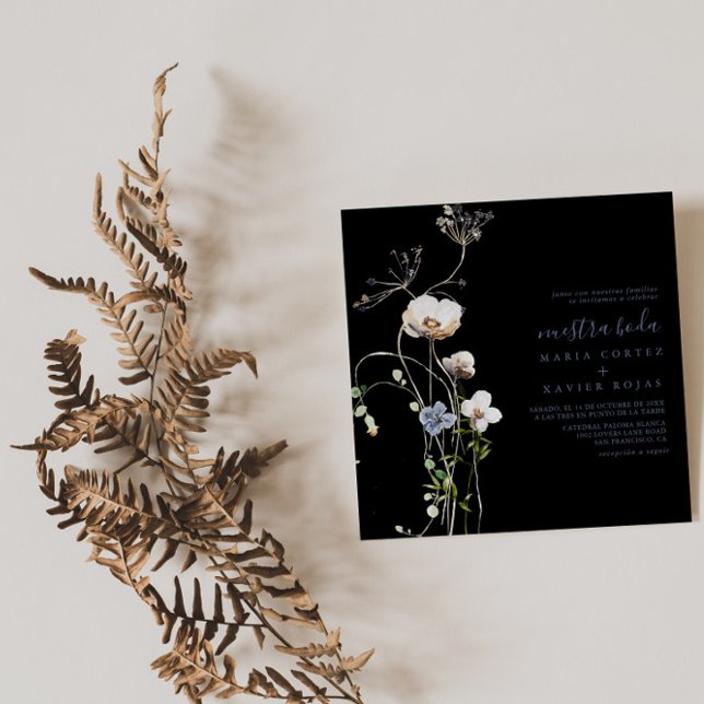 Wild Forest Floral Black Nuestra Boda Wedding Einladung (Von Creator hochgeladen)