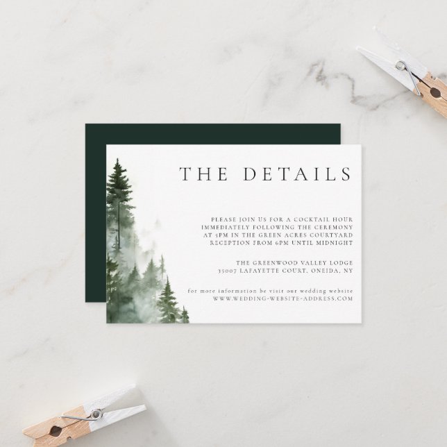 Wild Forest Pine Trees Mariage Détails Carte (Devant/Arrière en situation)
