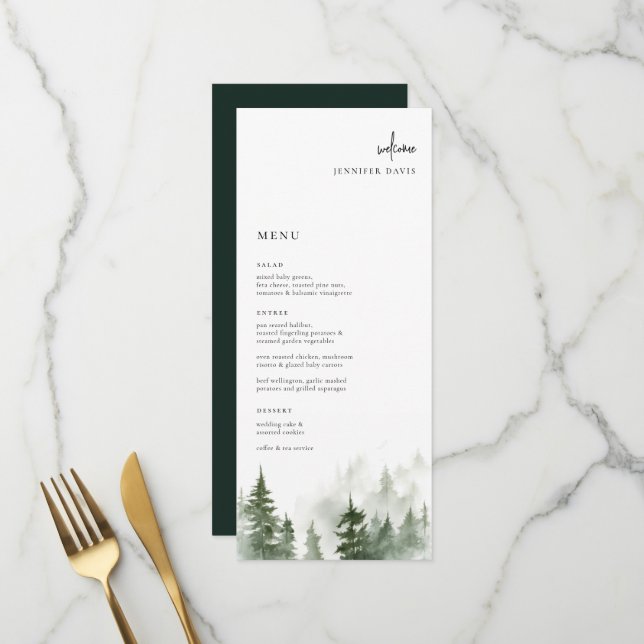 Wild Forest Pines Wedding Place Card Menu Menükarte (Vorderseite/Rückseite Beispiel)