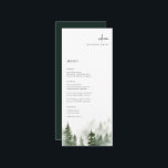 Wild Forest Pines Wedding Place Card Menu Menükarte<br><div class="desc">Elegant watercolor forest pine tree scene,  wedding guest place card menu. Features,  modern black typography with coordinating dark green color backing.</div>