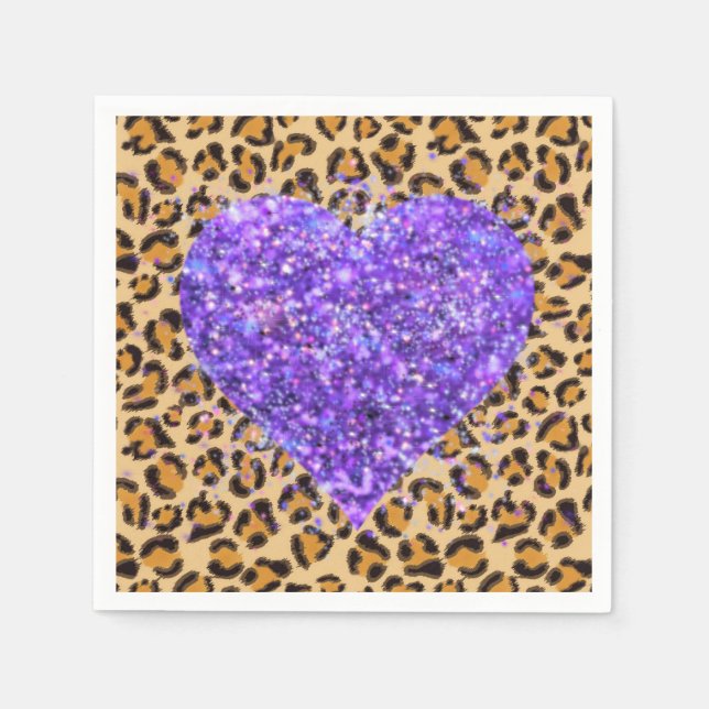 Wild funkelnde lila Herzen und Leopard-Druck Serviette (Vorderseite)
