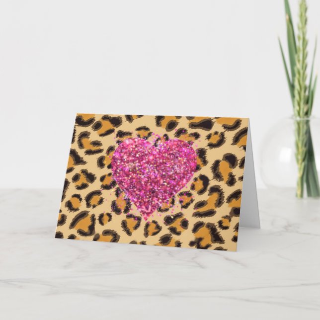 Wild funkelnde rosa Herzen und Leopard-Druck Karte (Vorderseite)