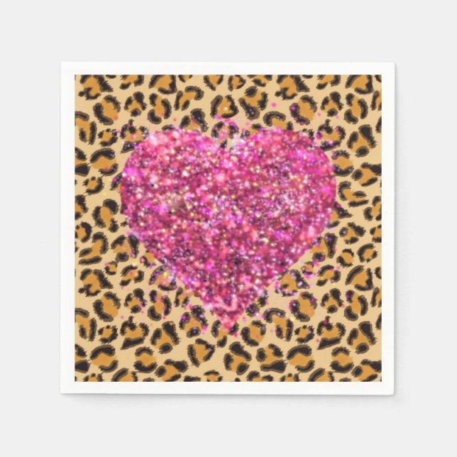 Wild funkelnde rosa Herzen und Leopard-Druck Serviette (Vorderseite)