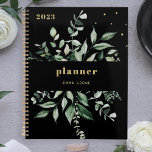 Wild Greenery | Elegant Black Planer<br><div class="desc">Dieser stilvolle botanische 2023-Planer besticht durch eine Fülle von Aquarellgrün-Blätter auf dunkelschwarzem Hintergrund mit trendigem,  goldfarbenem Text und Akzenten.</div>