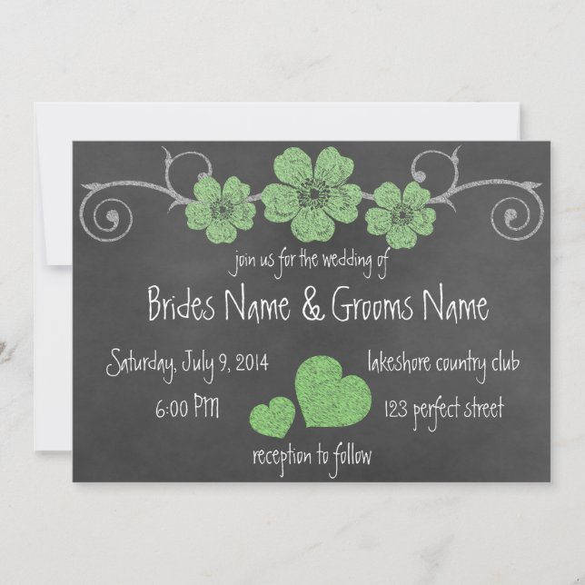 Wild grüne Rose Chalkboard Hochzeit Einladung (Vorderseite)