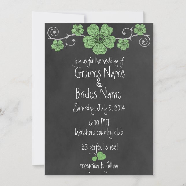 Wild grüne Rose Chalkboard Hochzeit Einladung (Vorderseite)