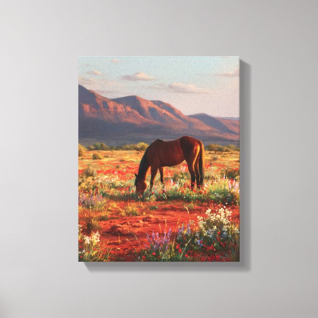 Wild Horse Blooming Desert Sunset Art Leinwanddruck (Vorderseite)