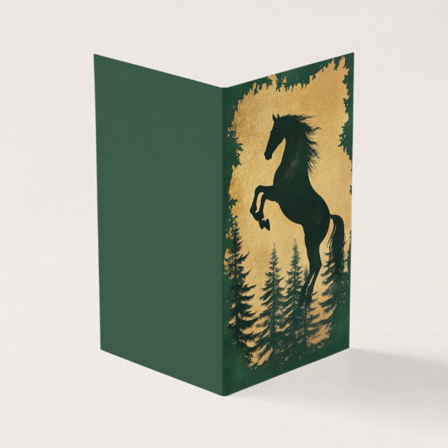 Wild Horse Silhouette Green and Gold Horse Card (Outside)