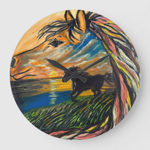 Wild Horse Sunset Kunst - Handgefertigte Kunstwerk Große Wanduhr